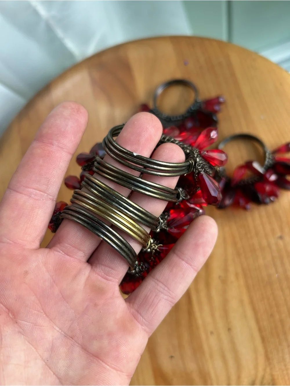 Vintage Set 7 Red Crystal Beaded Napkin Rings Boho Jeweled Tassel Holiday